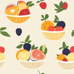 Vintage fruit salad in bowl pattern on vintage beige fabric background, seamless repeating pattern, textile print style, minimal, seamless food dish pattern design, kitchen decor, dining accessories