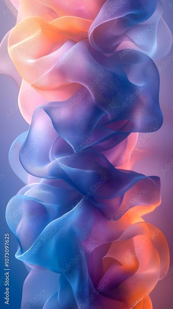 Aufkleber an abstract representation featuring flowing ribbons of translucent fabric in shades of blue, pink, 
