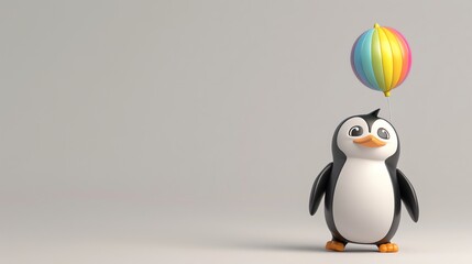 Obraz premium A cute cartoon penguin stands in front of a white background with a colorful balloon.