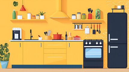 A vibrant kitchen with yellow walls, modern appliances, and neatly organized shelves filled with cooking essentials and plants.
