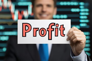 Smiling businessman holds a sign that says 'Profit' against a background of financial charts.