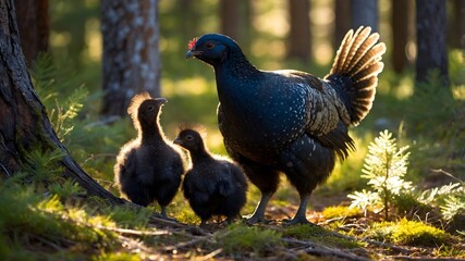 Caring in the Wild: A Mother Capercaillie and Her Young Chicks