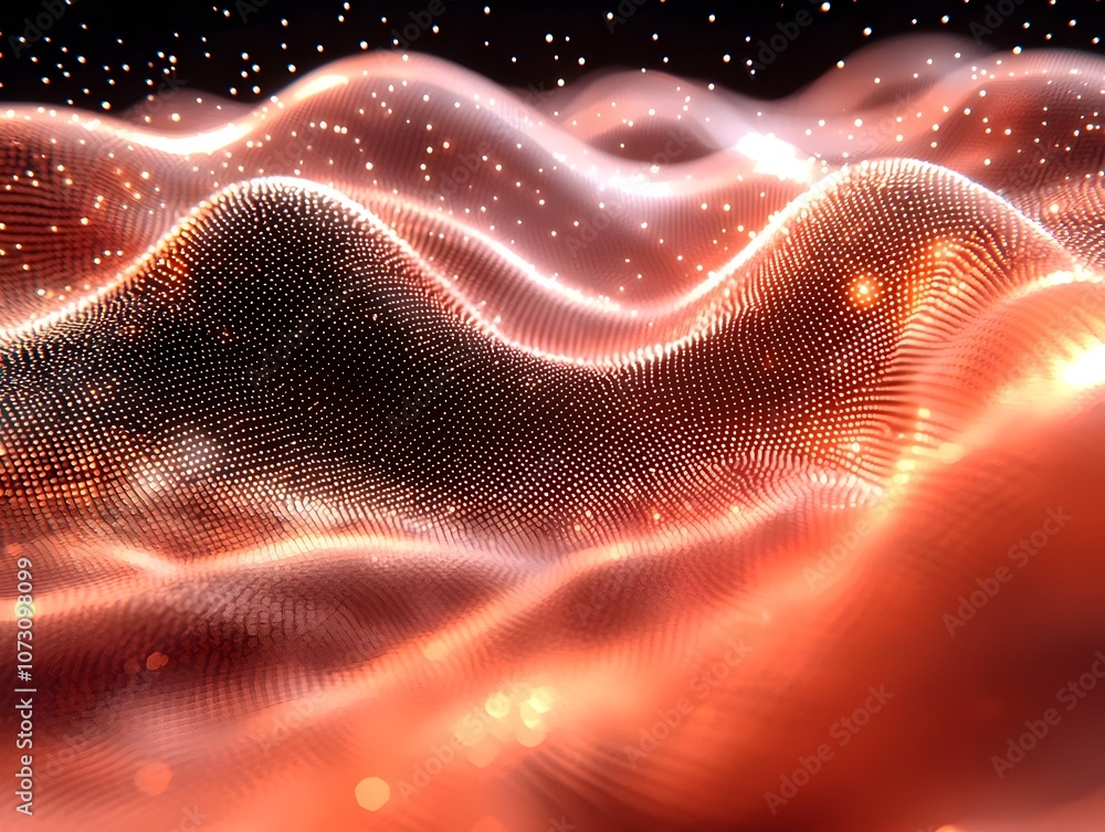 Poster a mesmerizing abstract landscape featuring smooth, flowing waves of glowing particles in shades of o