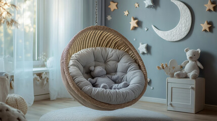 Cozy nursery with hanging chair and plush toys in gentle morning light