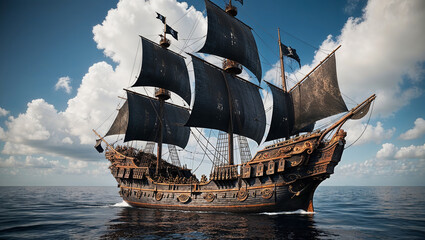 Naklejka premium Majestic black sail pirate ship on open blue sea journeying.