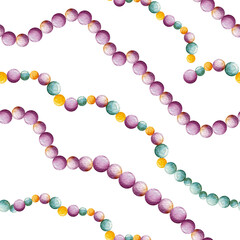 Seamless watercolor pattern. Bright festive beads, purple, green, orange, isolated on white background. Design for gift wrapping.