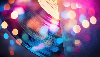 Vibrant Close-Up of Spinning Vinyl Record with Colorful Bokeh Lights for Retro Music Nostalgia, Vintage Vibe Concepts, and Party Themed Backgrounds
