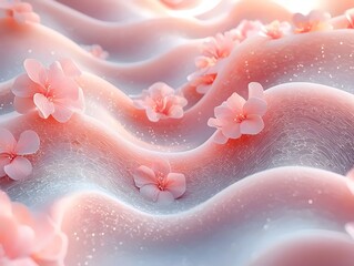 A serene and ethereal landscape featuring soft, wavy textures in pastel pinks, adorned with delicate blossoms that evoke a sense of tranquility and beauty.