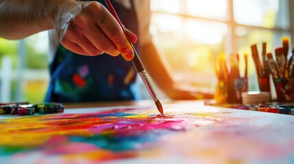 Fototapeta premium Creative hand painting with vibrant colors in a bright studio environment.