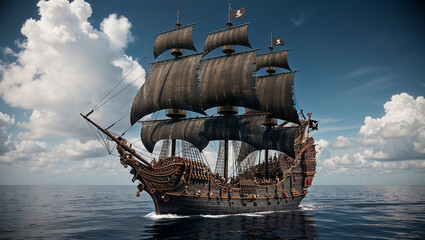 Naklejka premium Intricate pirate ship gracefully sails across the ocean waves.