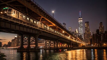 Fototapeta premium Night Photography of a Subway Train Crossing a Bridge with City Lights Reflected in Water, Capturing the Vibrant Energy of Urban Transit and Architectural Beauty