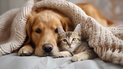 Dog and Cat Snuggling Under Blanket