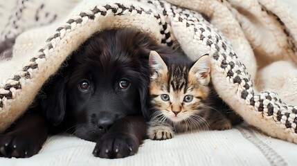 Cute Puppy and Kitten Hiding Under Blanket