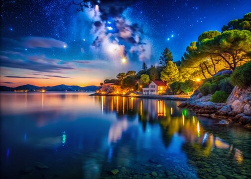 Night Photography of the Colorful Coastline at Island of Ugljan, Preko, Dalmatia, Croatia with Stars and Reflections on Water Capturing the Beauty of Nature