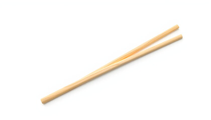 Blank wooden chopstick mockup isolated on white background. Clean disposable cutlery mock up for food delivery. Clear kitchenware for template. Eco cutlery one time use for picnic. Studio Photograph