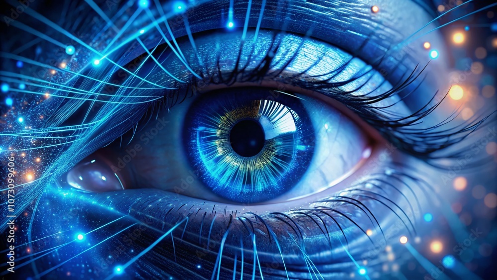 Poster optical fibers creating a blue human eye: a stunning representation of artificial intelligence and t