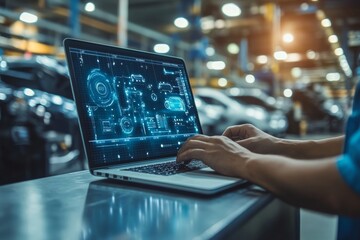 Mechanic utilizing laptop with digital interface for vehicle repair data in auto service workshop