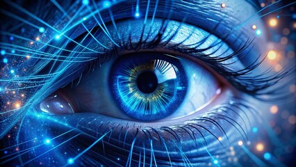 Obraz premium Optical Fibers Creating a Blue Human Eye: A Stunning Representation of Artificial Intelligence and Technology Interconnectedness in a Futuristic Setting