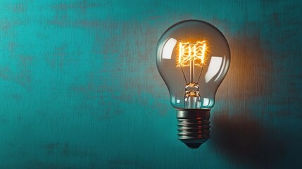Brightly Lit Light Bulb Against Turquoise Background