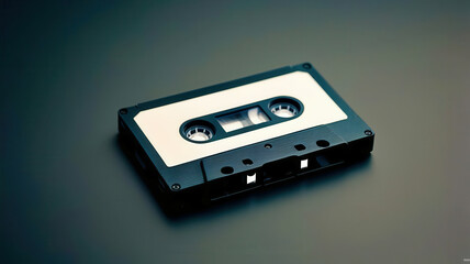 Obraz premium A black and white cassette tape is laying on a dark surface