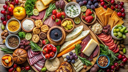 An intricate grazing board with vegan and plant-based meats, cheeses, fruits, and spreads, creatively arranged for a luxurious dining experience