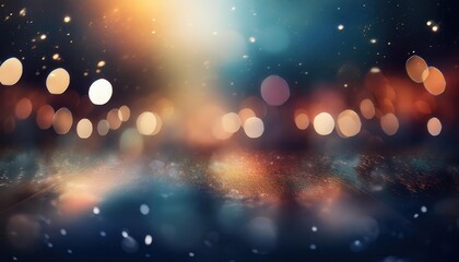 Abstract Festive Bokeh Lights Background. Warm Golden and Cool Blue Tones with Soft Glowing Particles, Ideal for Celebrations, Holiday Themes, New Year's Invitations, and Event Promotions