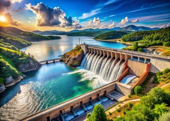 Obraz premium Panoramic View of a Hydroelectric Dam with Water Purification System, Showcasing Renewable Energy Production and Clean Water Supply in a Natural Landscape Setting