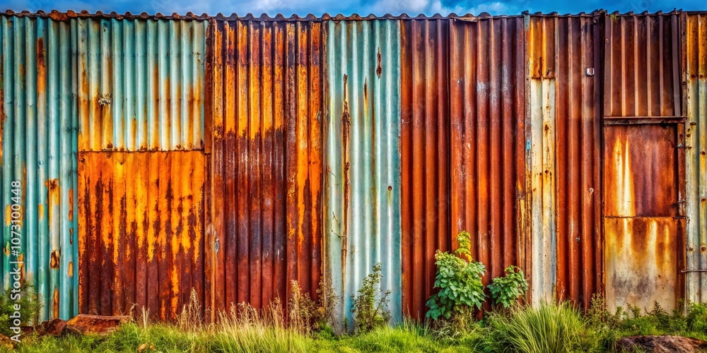 Poster panoramic view of an old corrugated fence texture capturing the rustic charm of weathered metal surf