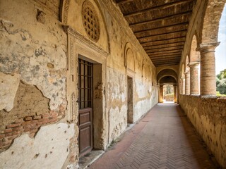 Fototapeta premium Panoramic View of an Old Wall Interior Showcasing Textured Surfaces, Rustic Charm, and Architectural Details for Home Decor Inspiration and Historical Context