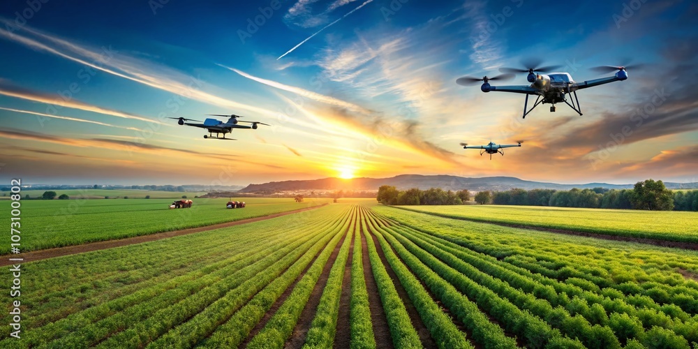 Poster panoramic view of farmers utilizing drones for precision agriculture above lush fields, showcasing m