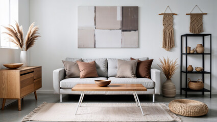 Serene living room with gray sofa and wooden furnishings.