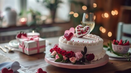 Heart-Shaped Cake and Floral Table Setting