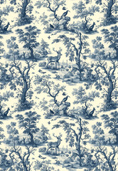 blue toile de jouy pattern forest deer french style texture fabric wrapping paper wallpaper