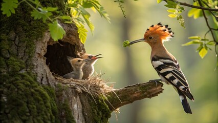 Parent Eurasian Hoopoe Bird Feeding Chick in Nest Inside Tree Hole, Capturing Nature's Tender Moments of Care and Nourishment in a Beautiful Woodland Setting