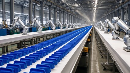 Fototapeta premium A Sprawling Industrial Production Line Stretching Across a Modern Factory with Various Machines and Workers Engaged in Manufacturing