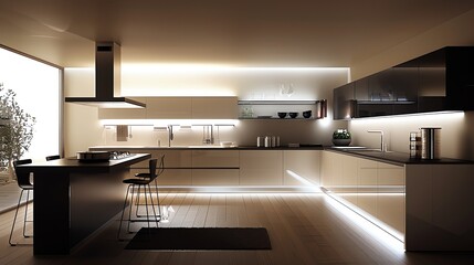 Fototapeta premium A modern kitchen with white cabinets, a black island, and a window.