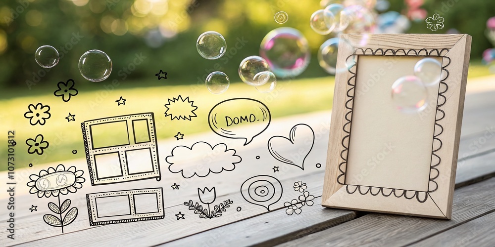 Poster playful doodle frames with bokeh effect featuring bubbles, rectangles, circles, and wavy borders for