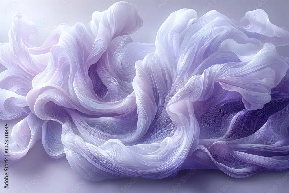 Poster a mesmerizing abstract composition featuring flowing purple and white wisps resembling soft fabric, 