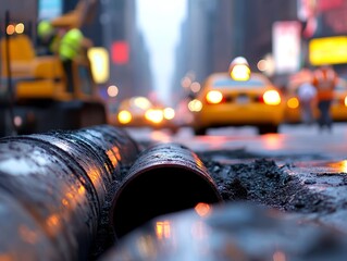 Close up of open street pipe with construction workers amidst passing cars and city background