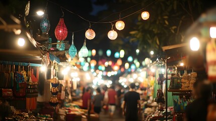 A vibrant night market with colorful lights and bustling stalls filled with goods.
