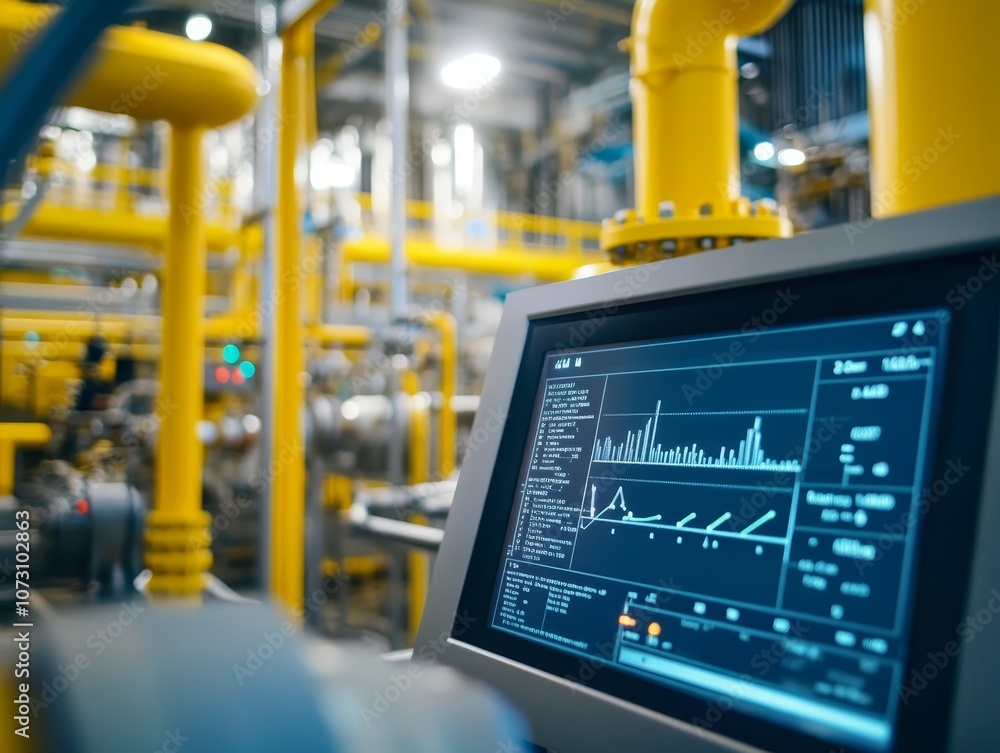 Aufkleber close up of industrial machine with digital display and yellow pipes in active factory setting