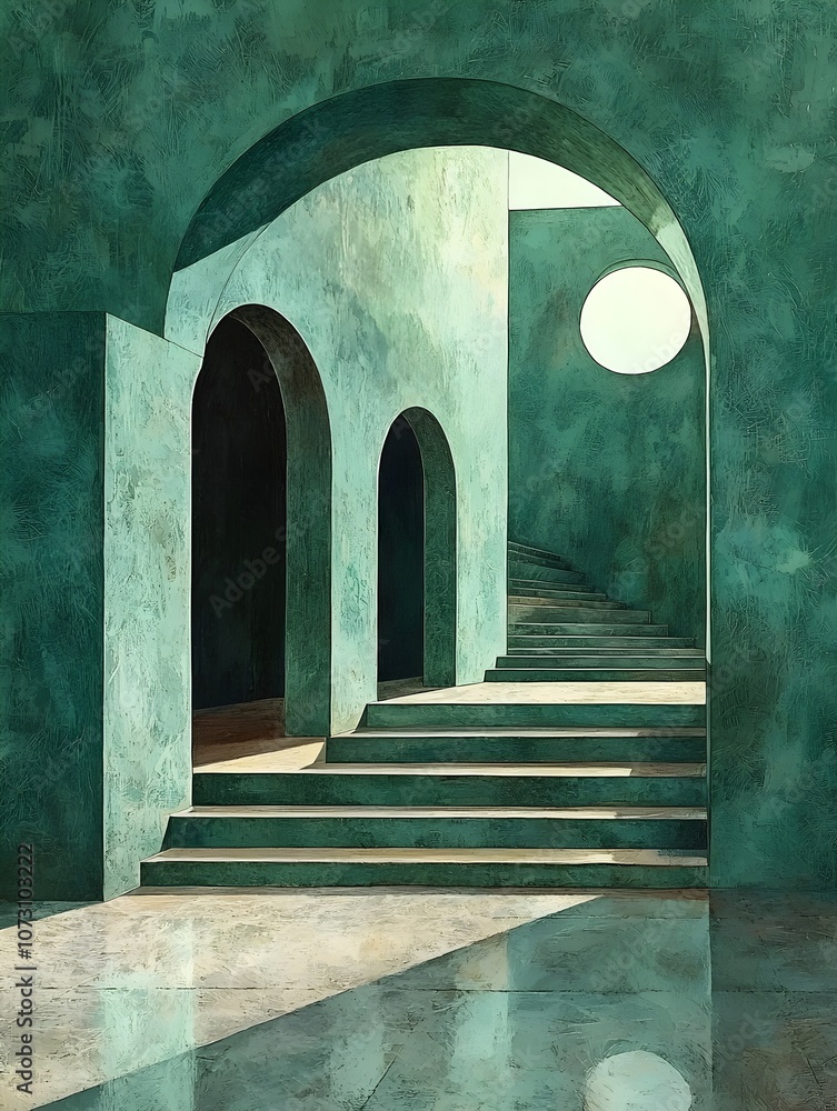 Poster a serene architectural scene featuring curved arches and a spiraling staircase illuminated by soft d