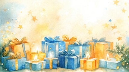 Artistic watercolor of Hanukkah gifts with warm tones and glowing decor for a vibrant and cheerful celebration. Hanukkah