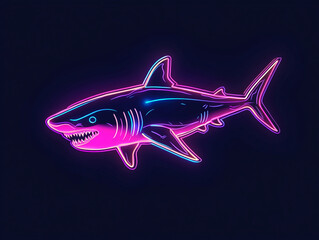 Naklejka premium A neon pink and blue shark glows against a dark background. This digital illustration captures the power and beauty of this iconic sea creature