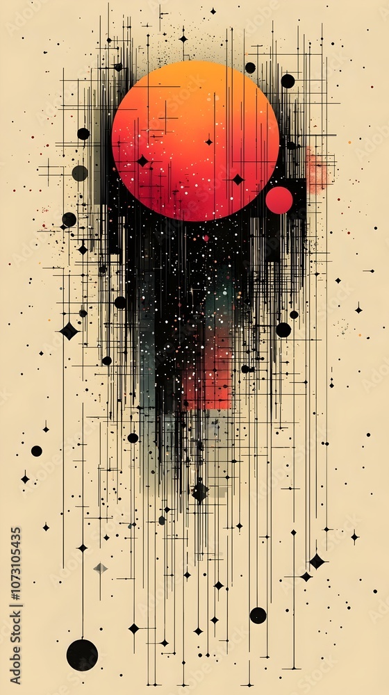 Poster an abstract depiction of a celestial scene featuring a large red-orange circle surrounded by interco
