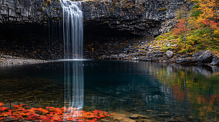 Fototapeta premium A picturesque scene of a lesser-known waterfall tucked away in a remote area, with colorful foliage reflecting in the water below 