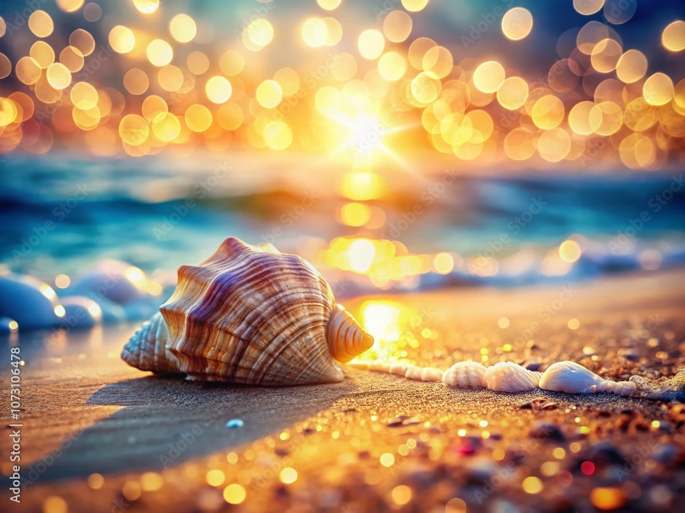 Poster seashell on a sparkling beach with bokeh lights, capturing the essence of summer, tranquility, and n
