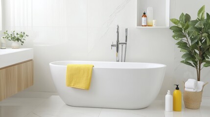 Fototapeta premium Modern minimalist bathroom interior design featuring a freestanding white bathtub, yellow towel, elegant fixtures, and stylish decor elements for a serene atmosphere