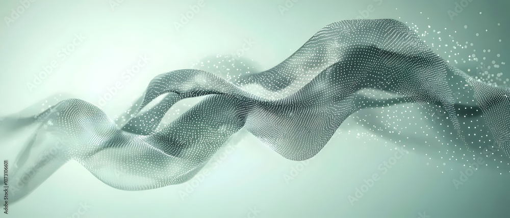 Poster a flowing abstract wave composed of fine dots and smooth curves, creating a sense of movement and el