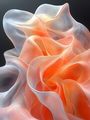 Obraz premium Abstract flowing fabric in soft orange and white hues, creating a sense of movement and elegance against a dark background.